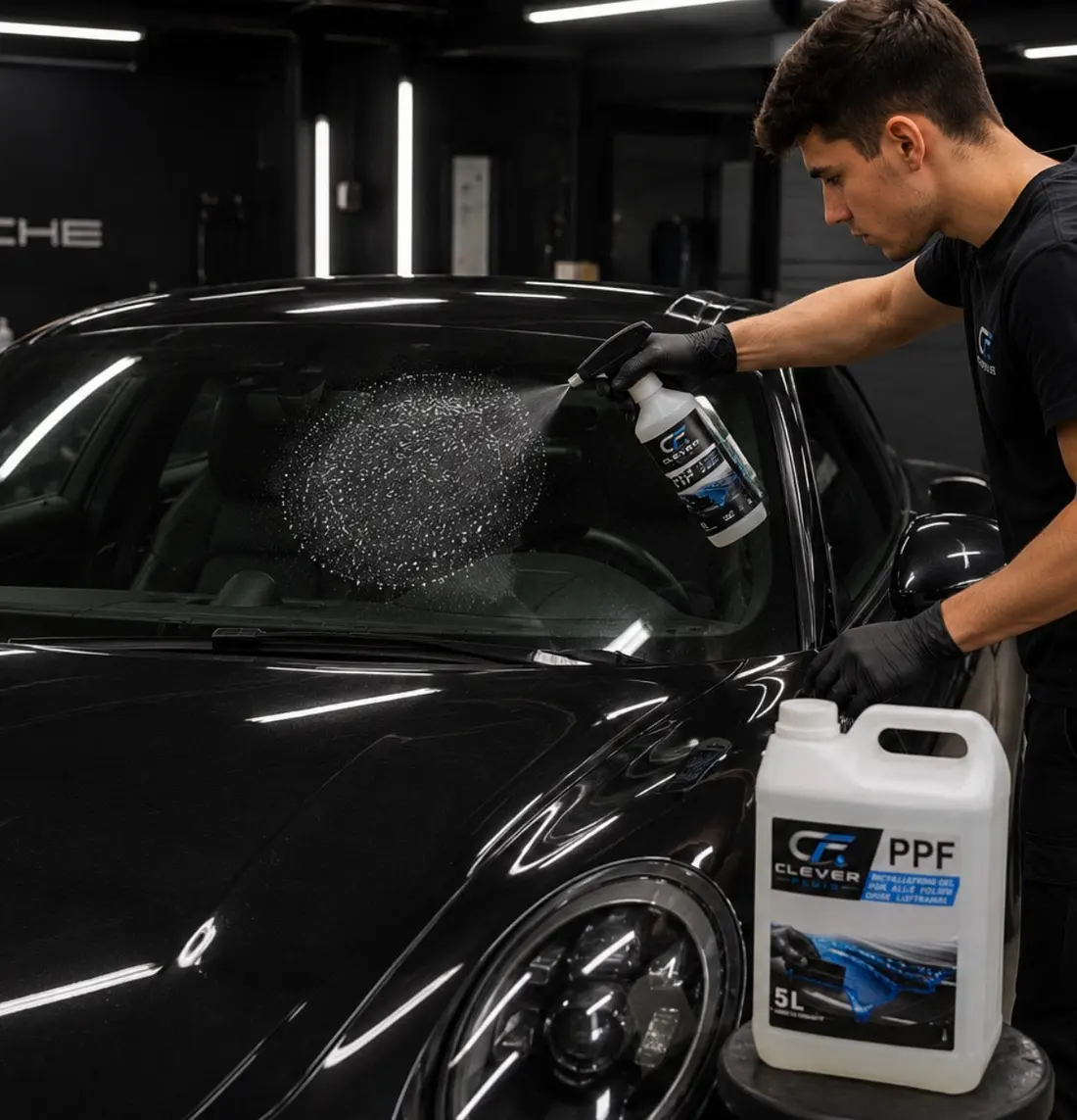 Folierer sprüht Clever Fluid auf die Frontscheibe eines Sportwagens